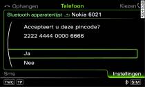 Weergave pincode voor ingave in de mobiele telefoon